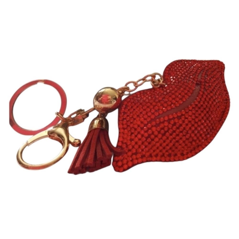 Red Rhinestone Puffed Lip Purse Bag Charm/ Keychain with a Tassel NEW - Picture 5 of 7